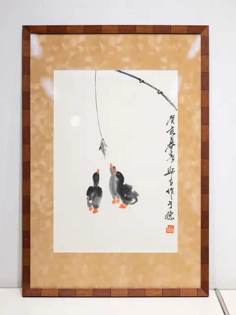 双禽水墨 · 暖木装裱 · 完整作品